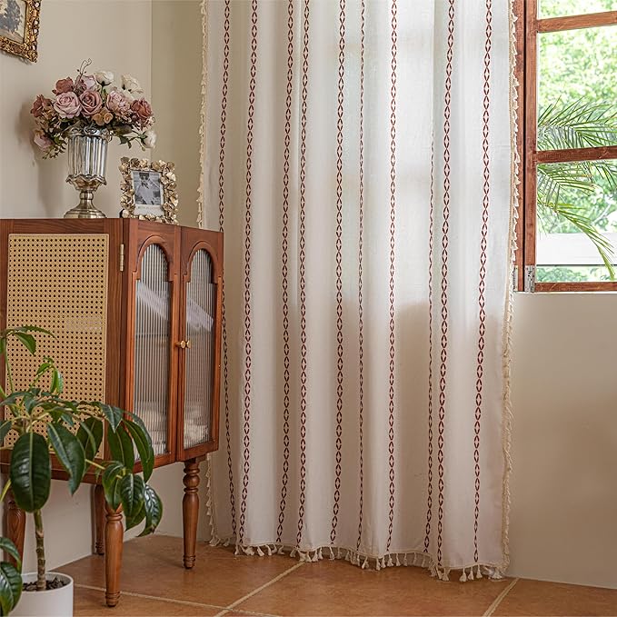 Sutuo Home Boho Curtains 63 Inch Length for Kitchen Bedroom Living Room, Light Filtering Cotton Embroideried Bohemian Striped Semi Blackout Farmhouse Decor, White and Terracotta 1 Panel W52 x L63