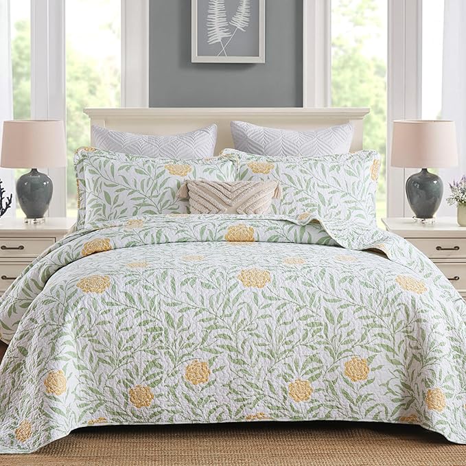 Homzard Queen Comforter Set for Bed Floral Quilt Queen size-100% Cotton Yellow,Green,sage Bedspreads (90 * 98 Inch) with 2 Pillow Shams, Lightweight Garden Bedding Spring and Summer Style