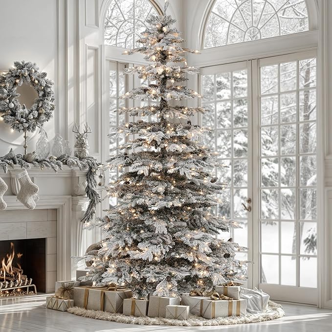 YITAHOME 7.5FT Prelit Flocked Christmas Tree w/Remote, Pre-Decorated Mountain Pine Hierarchical Tower Flocked Xmas Tree w/ 1278 Tips, 55 Pine Cones, 550 Lights & 11 Modes for Home, Party Decoration