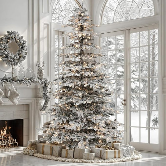 YITAHOME 7.5FT Prelit Flocked Christmas Tree w/Remote, Pre-Decorated Mountain Pine Hierarchical Tower Flocked Xmas Tree w/ 1278 Tips, 55 Pine Cones, 550 Lights & 11 Modes for Home, Party Decoration