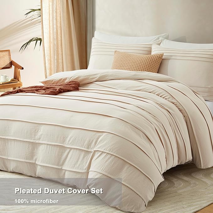 Oli Anderson Light Khaki Duvet Cover King Size - Pleated King Duvet Cover, 3PCS Soft and Breathable Textured Bedding Set with Zipper Closure(Light Khaki,104"x90")