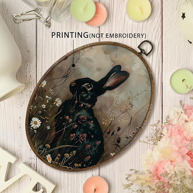 KFXHANGD Vintage Witchy Black Bunny Oval Wall Art Framed,Decor, Cottagecore Rabbit Canvas Wall Art Decor, Dark Academia Bunny Floral Hanging Decor for Farmhouse Bathroom Living Room, 8.7x11.3 Inch