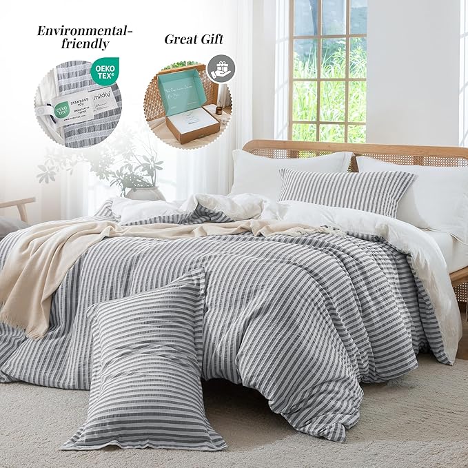 MILDLY Dark Grey Striped Duvet Cover - 100% Washed Cotton Jacquard Boho Textured Comforter Cover 3pcs with Corner Ties Zipper Closure 104"x90"