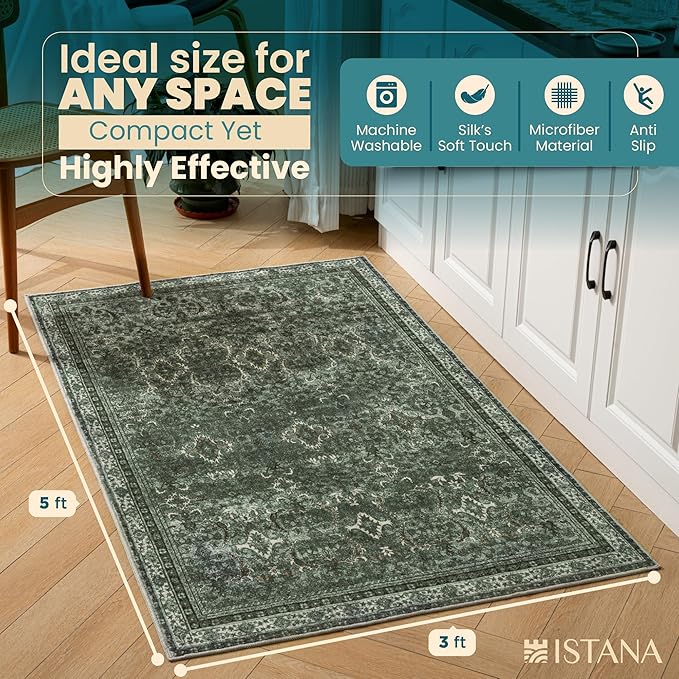 Istana 3x5 Area Rug - Dark Green Modern Rugs for Living Room 3x5 - Foldable Rugs for Bedroom/Living Room Rug - Stain Resistant Washable Rug - Eco-Friendly Small Area Rugs