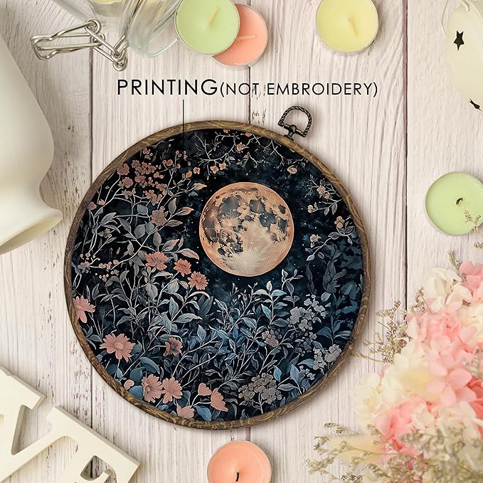 KFXHANGD Vintage Moon Flowers Round Wall Art Framed, Gothic Botanical Moon Canvas Wall Art Decor, Dark Academia Cottagecore Floral Pictures Hanging Decor for Bedroom Living Room Bathroom, 10x10inch