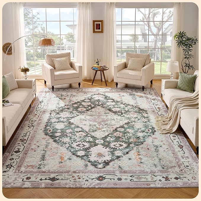 Istana Living Room Rug 10x14 - Light Green/Beige 10 x 14 Area Rug - Foldable Machine Washable Area Rugs 10x14 - Stylish 10x14 Area Rugs Boho - Stain Resistant Washable Rug 10x14