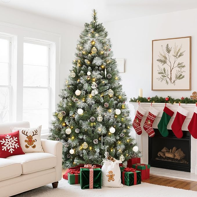 YITAHOME 9ft Prelit Scotch Pine Christmas Tree with Remote Control, Pre-Decorated Frosted Christmas Tree with Pine-Cones & Needles, Warm White/Multicolor Changing Lights for Home/Office
