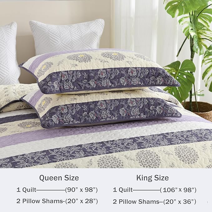 Homzard Cotton King Size Quilt Set,Purple Beige Quilted Comforter,Striped Floral Pattern Bedding Set,Lightweight Reversible 3 Piece Bedspread,3 Piece