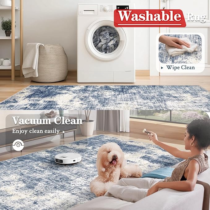 9x12 Area Rugs for Living Room: Washable Modern Abstract Rug Large Soft Non Slip Living Room Rug Indoor Low Pile Carpet for Bedroom Dining Room Home - Blue
