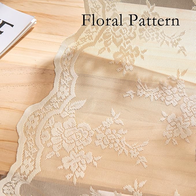 MEETSKY Vintage Lace Sheer Curtains 45 Inches Long for Small Windows French Victorian Spring Floral Pattern Design Light Filtering Back Tab Rod Pocket Drapes, 50" W Each Panel, 2 PCS, Light Yellow