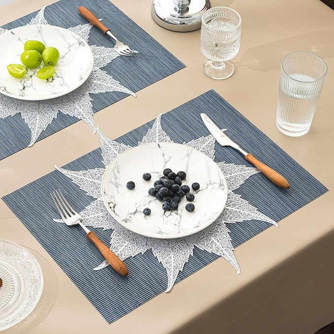 BACKTOEDEN Placemats Set of 4 Heat Resistant Washable Wipeable Placemats Woven Non-Slip Foldable Vinyl/Plastic Placemat Indoor/Outdoor Place Mats Kitchen Dining Table Mats, Silver Maple Leaf & Blue
