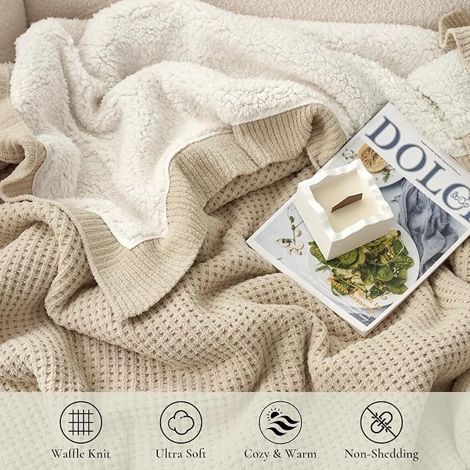 Amélie Home Reversible Waffle Weave Throw Blanket, Chenille Knit with Warm Sherpa, Soft Cozy Blanket for Bed, 60"x80", Beige