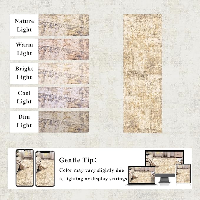 2.6x8 Modern Abstract Rug Washable Area Rugs for Living Room Bedroom Dining Room Non-Slip Low Pile Neutral Large Rug Soft Indoor Floor Carpet, Gold