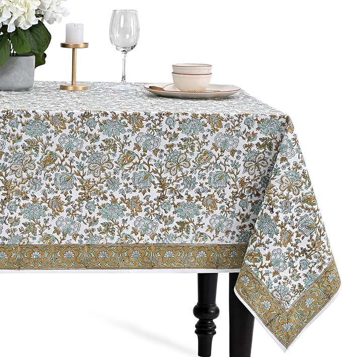 CPC Tablecloth 100% Cotton 72x140 Inch Indian Block Print Rectangle Table Cover, Blue Table Cloth for Weddings, Spring/Summer, Barbeque - Topaz Blue