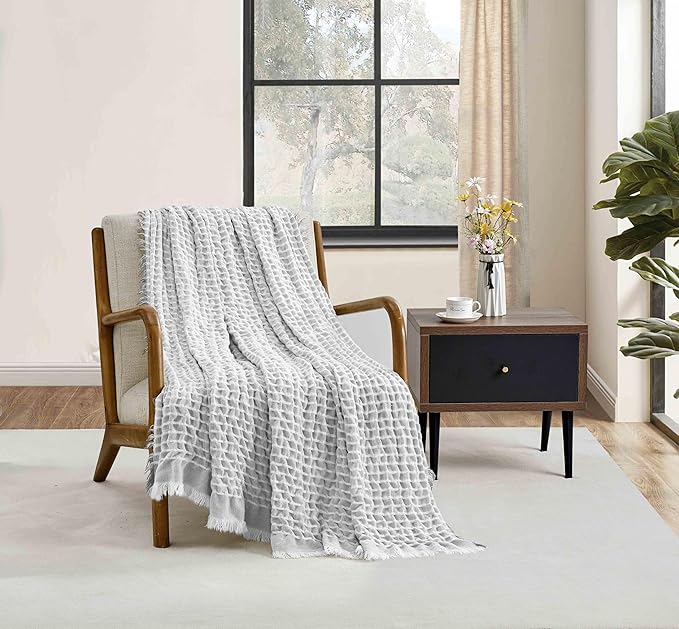 CREVENT 50"X60" Farmhouse Breathable Soft Waffle Throw Blanket for Couch Chair Bed, Outdoor Blanket for Travelling Wrap (Grey)
