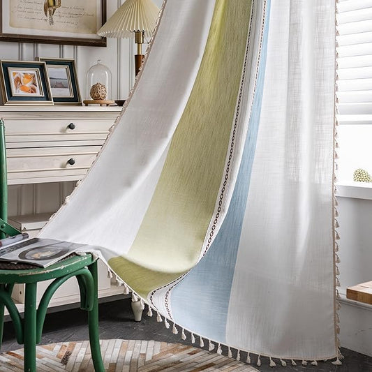 Sutuo Home Boho Curtains 96 inch Length for Bedroom Living Room, Semi Blackout Farmhouse Tassels Window Treatment Bohemian Embroidery Drape, Rod Pocket 1 Panel 52" W x 96" L, Green Blue Striped Linen