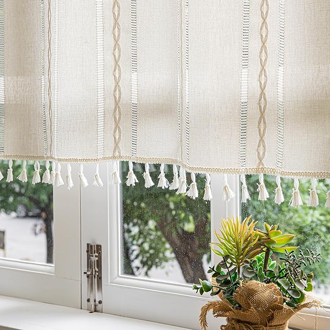 Sutuo Home Ivory Boho Curtain 52W x 18L inch White Striped Light Filtering Short Valance, 1 Panel Embroidery Bohemian Farmhouse Country Kitchen Window Treatment Decor for Small Closet