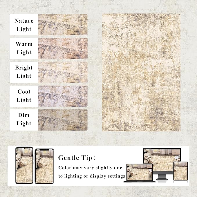 2x3 Modern Abstract Rug Washable Area Rugs for Living Room Bedroom Dining Room Non-Slip Low Pile Neutral Large Rug Soft Indoor Floor Carpet, Gold