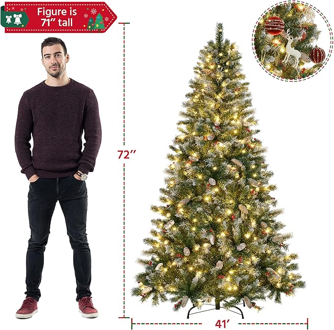 Yaheetech 6ft Pre-lit Frosted Artificial Hinged Christmas Tree with 818 Flocked PVC Tips,62 Pine Cones,62 Holly Berries & 250 Warm White Lights,Foldable Stand,Green
