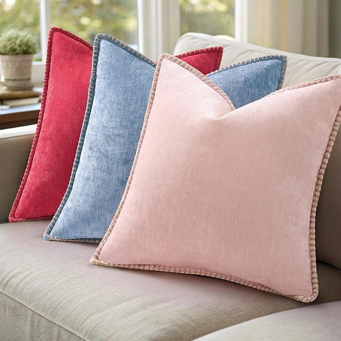 decorUhome Christmas Chenille Soft Throw Pillow Covers 12x20 Set of 2, Lumbar Velvet Farmhouse Neutral Decorative Euro Pillow Covers with Stitched Edge for Couch Sofa Bed Home Decor, Christmas Red