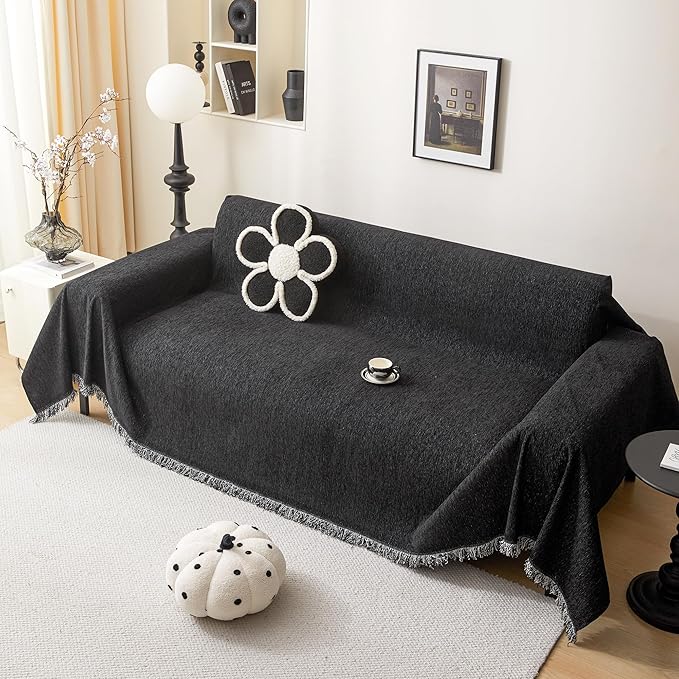 MEETSKY Sectional Couch Covers for Sofa, Black Couch Cover for 2 Cushion Couch Sofa, Chenille Pet Sofa Slipcover for L Shaped Couch Love Seat Pets Protector Furniture, 71" x 118"