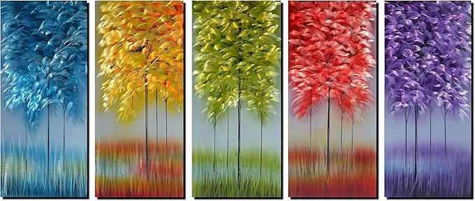 Handmade Metal Wall Art with Bog Life Multi-Colored Tree, 3D Abstract Design Artwork for Modern and Contemporary Decor, Indoor Outdoor Wall Decorations, 5-Panels Metal Art Measure 24"x 64"