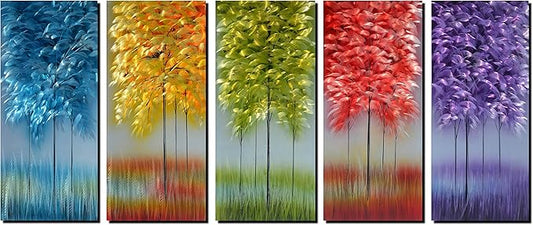 Handmade Metal Wall Art with Bog Life Multi-Colored Tree, 3D Abstract Design Artwork for Modern and Contemporary Decor, Indoor Outdoor Wall Decorations, 5-Panels Metal Art Measure 24"x 64"