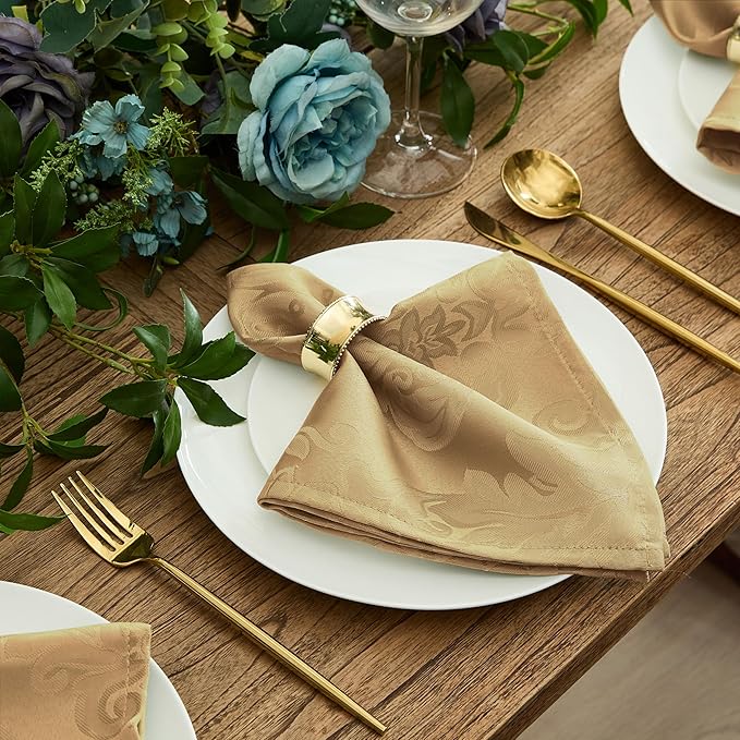 Newbridge Barcelona Damask Fabric Napkins, Set of 4, Gold – No Iron, Soil Resistant Cloth Napkins for Dining, Parties and Holidays