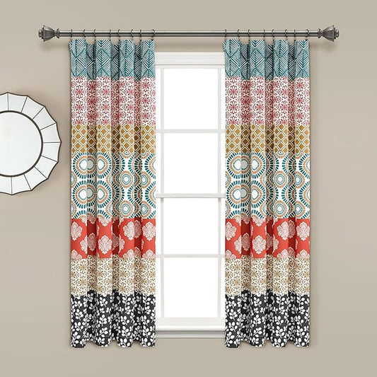 Lush Decor Bohemian Stripe Window Curtain Panels, Pair 52" W x 63" L Turquoise & Orange - Light Filtering Curtains for Bedroom - Boho Curtains - Maximalist Decor