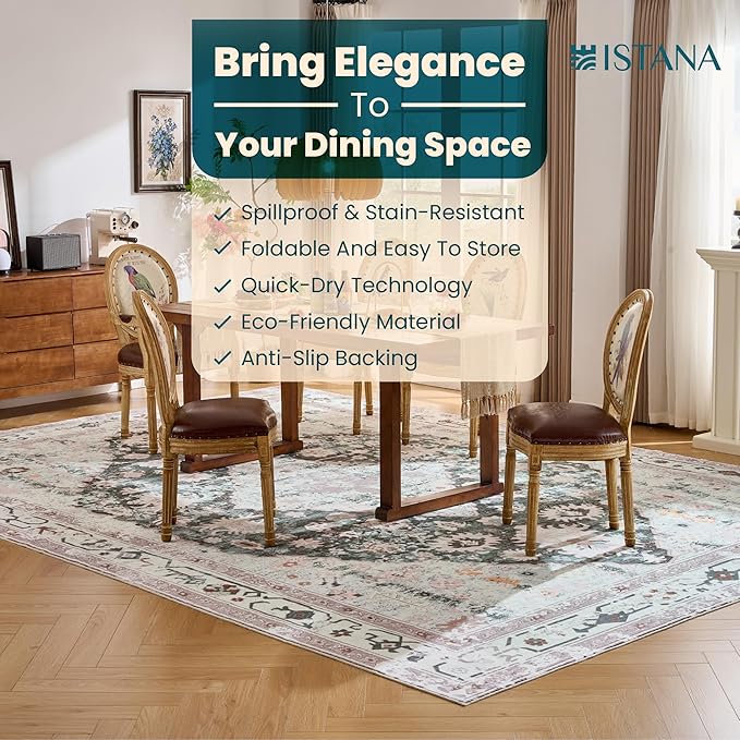 Istana Living Room Rug 10x14 - Light Green/Beige 10 x 14 Area Rug - Foldable Machine Washable Area Rugs 10x14 - Stylish 10x14 Area Rugs Boho - Stain Resistant Washable Rug 10x14