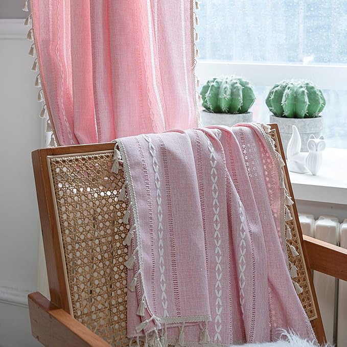 Sutuo Home Boho Curtain for Bedroom Living Room Nursery Kitchen, Light Filtering Country Farmhouse Vintage Chic Tassels Hollow Window Treatment Bohemian Drape, 1 Panel 52" W x 84" L, Pink