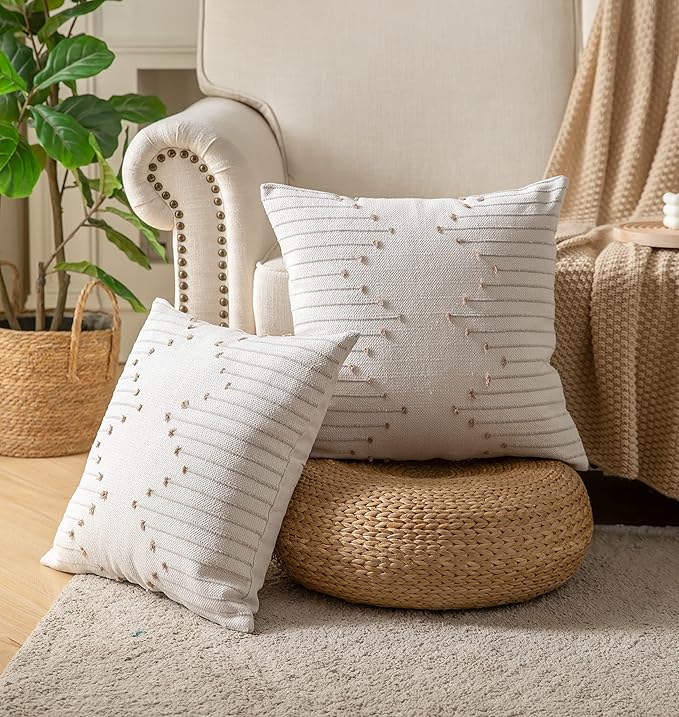 Caflife Boho Throw Pillow Covers 20x20 Set of 2 Decorative Pillows for Bed, Neutral Pillow Covers Beige with Tan Line Throw Pillows for Modern Farmhouse Couch Sofa Living Room Outdoor