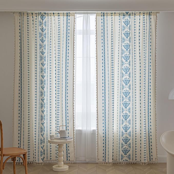 Boho Curtains Geometric Light Filtering Semi-Blackout Window Curtains 84 Inches Long Rod Pocket Drapes for Living Room 2 Panels-Blue Totem
