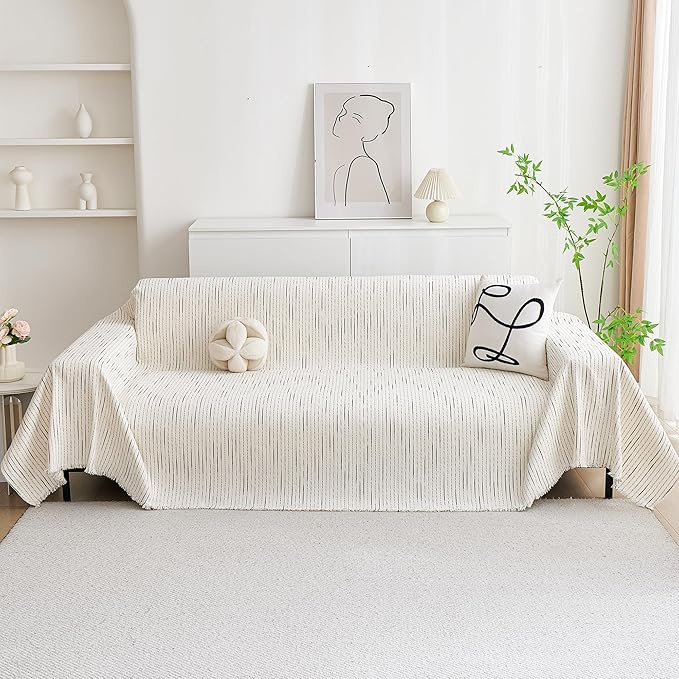 MYSKY HOME Sectional Couch Cover, Beige Lines Sofa Covers for Sectional Sofa L Shape Chenille Couch Protector for Dogs Pets Couch Throw Cover Washable Durable for Home Decor, 71" X118"