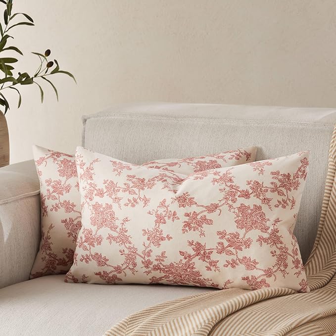 100% Cotton French Pastoral Lumbar Throw Pillow Covers Set of 2, 12x20 Inch Red Farmhouse Decorative Cushion Covers for Sofa Bed Living Room Home Decor