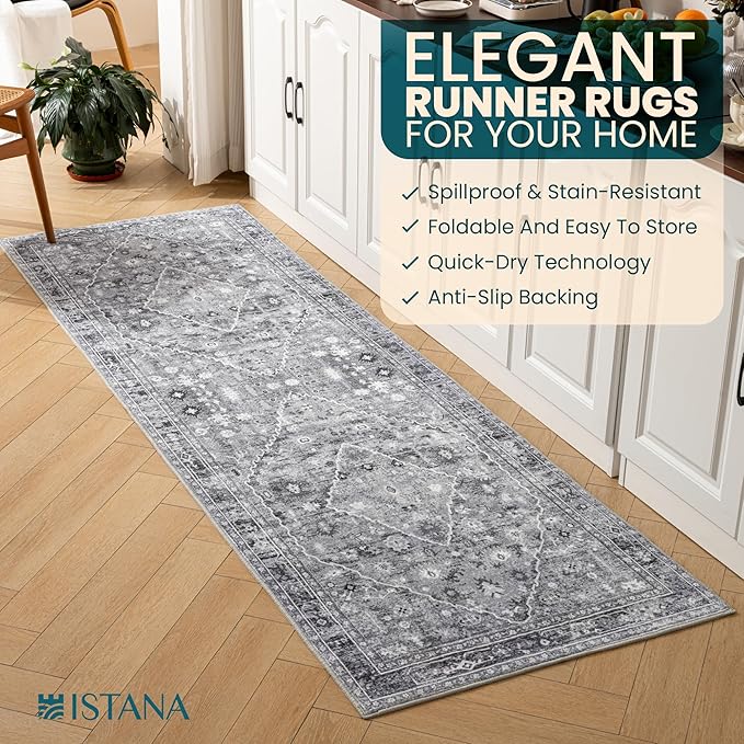 Istana Hallway Carpet 2.5x8 - Grey Kitchen Runner - Non Slip Washable - Silk's Soft Touch - Stylish Home Rug