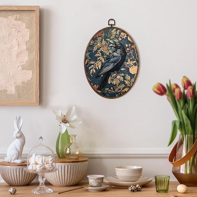 KFXHANGD Vintage Raven Crow Oval Wall Art Framed, Raven Botanical Cottagecore Crow Canvas Wall Art Decor,Gothic Mid Century Dark Raven Hanging Decorations for Bathroom Living Room, 8.7x11.3in