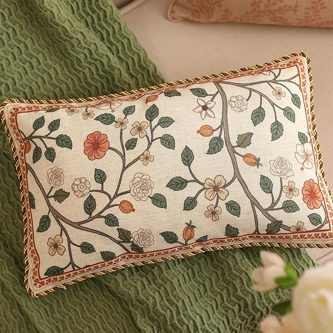 ISAENNE Design Linen Classic Throw Pillow Covers 12"x20", French Farmhouse Rectangle Cushion Covers with Orange White Floral Pattern Decor Pillowcases for Bed,Living Room,Outdoor,Car