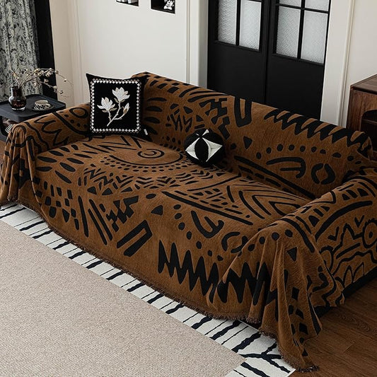 MEETSKY Boho Couch Cover Sofa Covers, Chenille Geometric Dark Brown Couch Covers for 2 Cushion Couch Sofa for Dogs, Washable Sofa Slipcover for Cat Sofa Protector with Tassels,71" x 118"