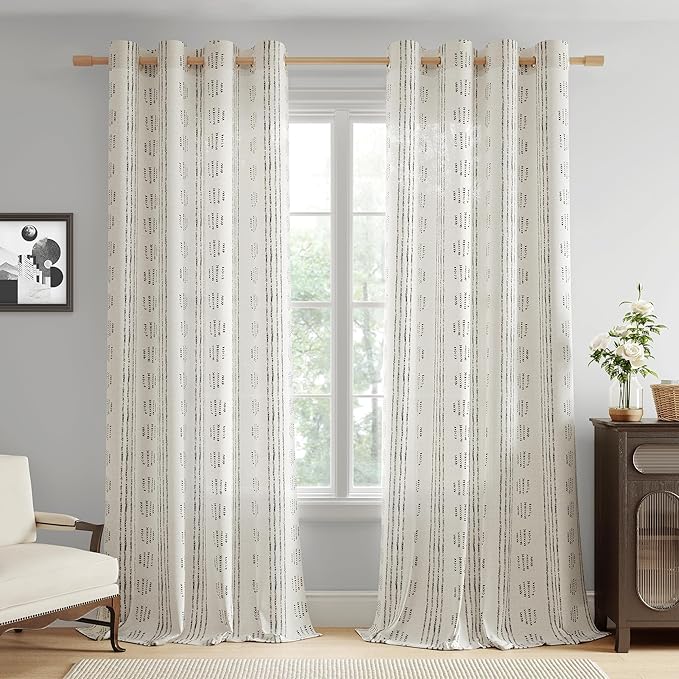 Boho Linen Curtains for Bedroom Living Room Black Farmhouse Boho Curtains 96 Inches Long Geometric Striped Patterned Mudcloth Grommet Top Light Filtering Window Drapes 2 Panels Black on Beige