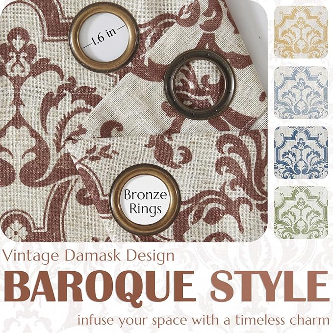 jinchan Linen Curtains for Living Room & Bedroom - Brown Damask Patterned Curtains, 96 Inches Long, Light Filtering, Vintage Baroque Style Drapes with Grommet Window Treatments - 2 Panels Set
