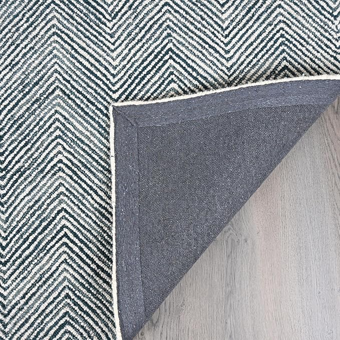 Modern Herringbone Chevron Collection Handcrafted Wool Area Rug - Durable, Zigzag Pattern, for High Traffic, Contemporary Design for Living Room, Bedroom, Dining Room Decor (Denim Blue, 9' round)