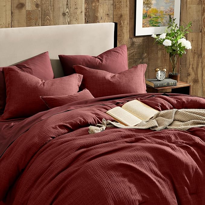 Geniospin King Comforter Set - 7 Pieces Comforter King Size, Soft Solid Bedding Set for All Season, Dark Red Textured Bed in a Bag with Sheets, Pillowcases & Shams