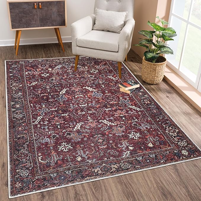 Bloom Rugs Washable Non-Slip 5' x 7' Rug - Burgundy Traditional Bordered Area Rug for Living Room, Bedroom, Dining Room, and Kitchen - Exact Size: 5' x 7'