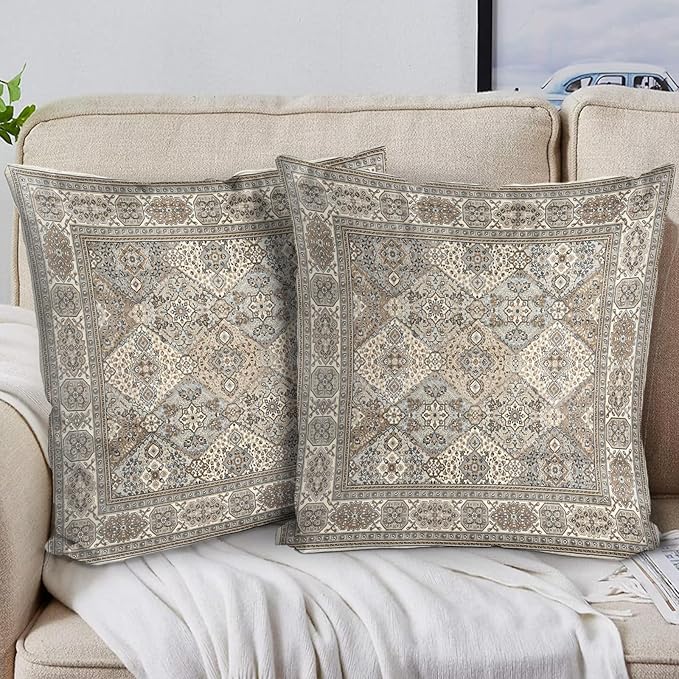 Boho Floral Throw Pillow Covers 16x16 inch Set of 2,Grey Boho Rug Geometric Floral Pattern Decor Double Sided Pattern Cushion Cover Soft Pillow Case Living Sofa Room Bed Square Pillow Cover