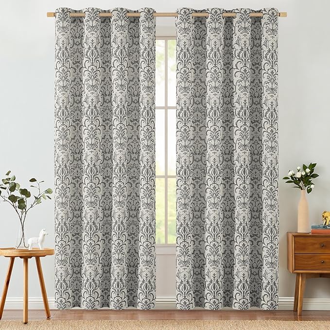 jinchan Linen Curtains for Bedroom & Living Room - Grey Damask Patterned Curtains, 84 Inches Long, Light Filtering, Vintage Baroque Style Drapes with Grommet Window Treatments - 2 Panels Set