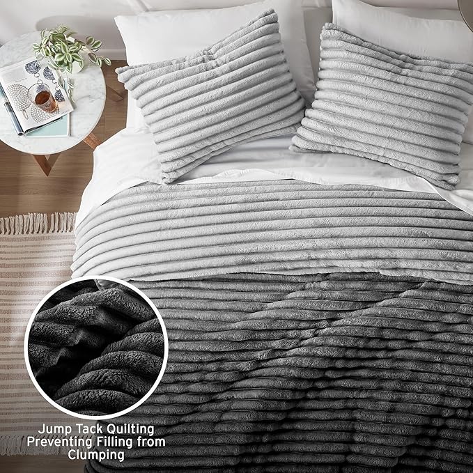 Intelligent Design Twin Comforter Set, Plush Bedding, Microfiber Reverse, 2 Piece, Lightweight, Super Soft Ribbed Velvet Comforter 1 Sham, All Season Fluffy Bed Set, Avril, Twin/Twin XL Grey Ombre