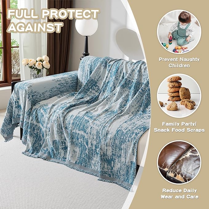 MEETSKY Boho Couch Cover for Dogs Washable Blue Abstract Couch Sofa Protector for Love seat Sofa Pets Friendly, Chenille Geometric Sofa Covers Soft Durable Modern Sofa Slipcovers, 71" X102"