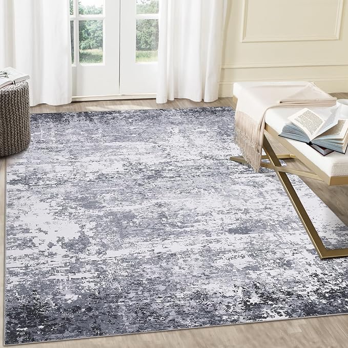 Area Rug 4x6 Stain Resistant Carpet Modern Abstract Rugs Ultra Soft Indoor Floor Cover Accent Rug Low Pile Machine Washable Thin Rug for Living Room Bedroom Dining Room, Light Grey