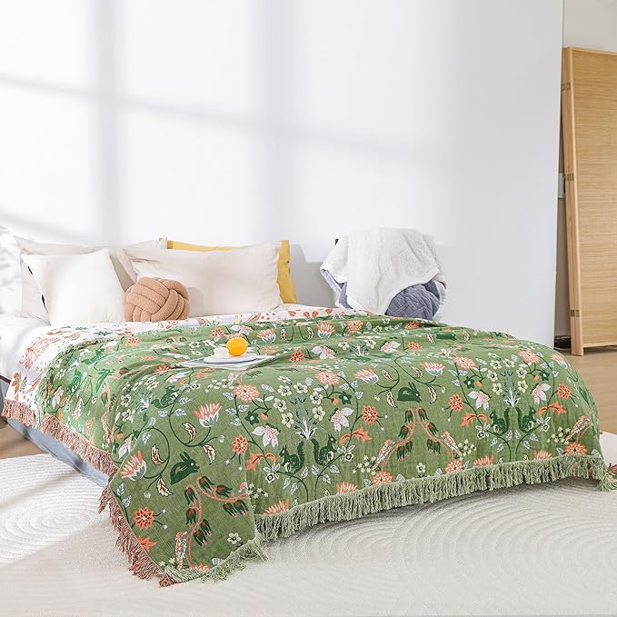 Boho Throw Blanket for Bed 100% Cotton Ultra Soft Rustic Quilt Farmhouse Decor Bed Fall Blankets,All Season Rustic Throw for Sofa Couch Chair (Green World, 60"×80")